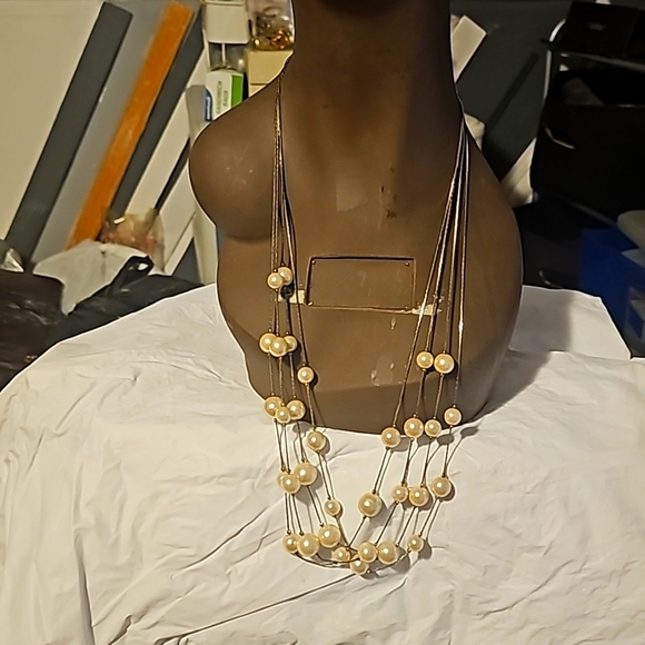 Long Layered Silvertone 4 Stand Necklace w/Fine Chains, Cultured Pearls, 28" - Picture 1 of 7